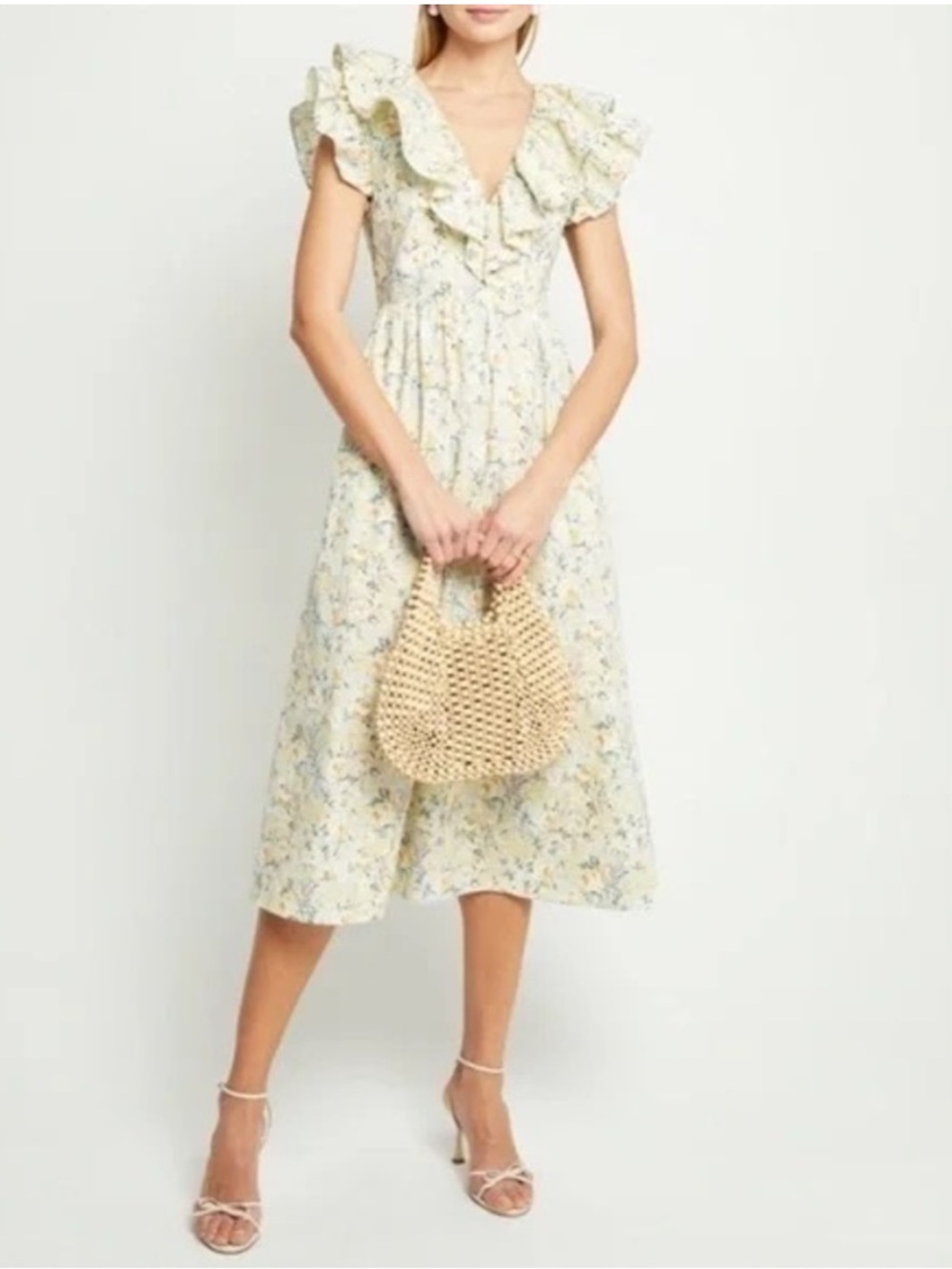 NWT O.P.T. Kate Yellow and Mint Green Floral Ruffle Flitter Sleeve Midi Dress M - Picture 3 of 12